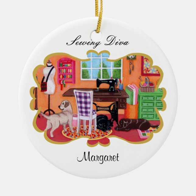 Personalisiertes Labradors im nähenden Raum der Keramik Ornament (Vorne)