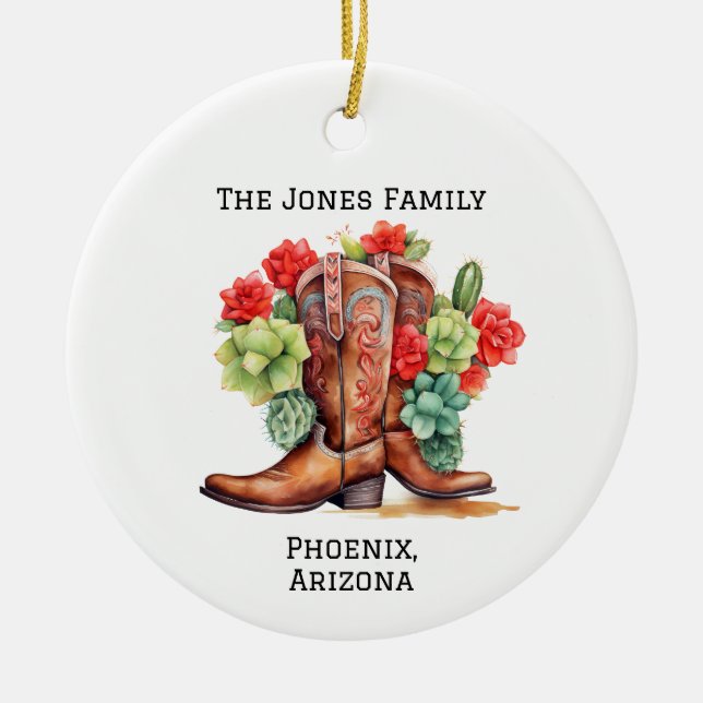 Personalisiertes Land/Western Xmas Cowboy Boot Keramik Ornament (Vorne)