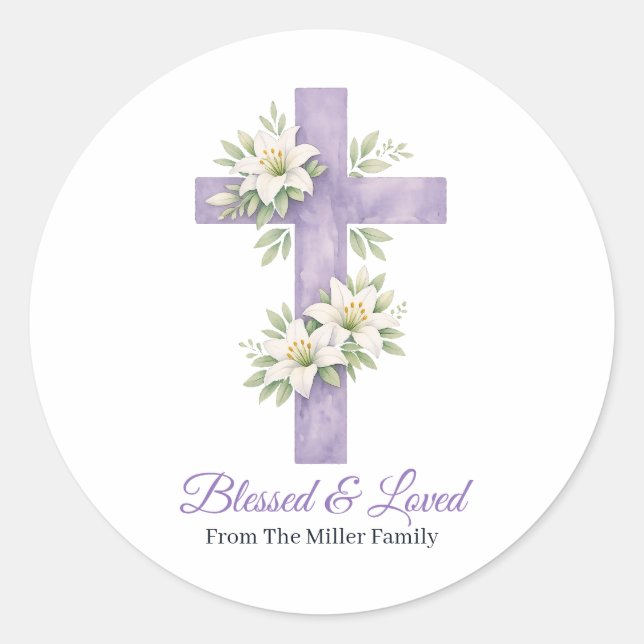 Personalisiertes Lavendel-Blumenkreuz Gesegnet und Runder Aufkleber (Vorderseite)