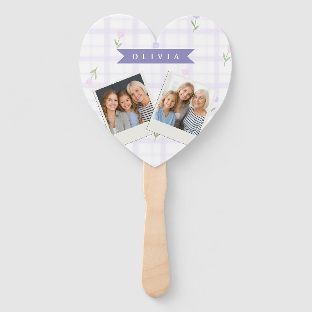 Personalisiertes Lavendel-Gingham-Blumen-Name-Gesc Fächer (Vorderseite)