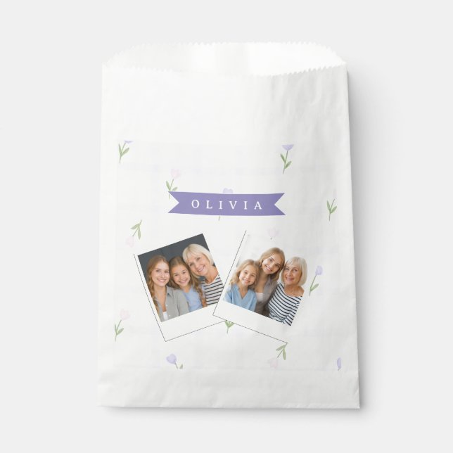 Personalisiertes Lavendel-Gingham-Blumen-Name-Gesc Geschenktütchen (Vorderseite)
