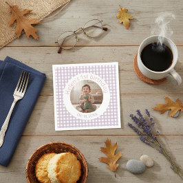 Personalisiertes Lavendel-Gingham-Geburtstagsfoto Serviette