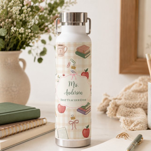 Personalisiertes Lehrergeschenk Floral Gingham Trinkflasche (Von Creator hochgeladen)
