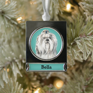 Personalisiertes Lhasa Apso-Hundeporträt Banner-Ornament Silber