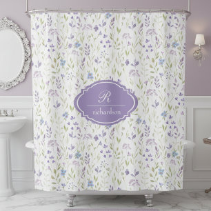 Personalisiertes lila Blumenmonogramm Duschvorhang
