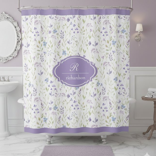 Personalisiertes lila Blumenmonogramm Duschvorhang (elegant classic personalized purple wildflower lavender garden shower curtain with custom monogram)