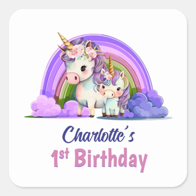 Personalisiertes Lila Einhorn 1. Geburtstag Quadratischer Aufkleber (Vorderseite)