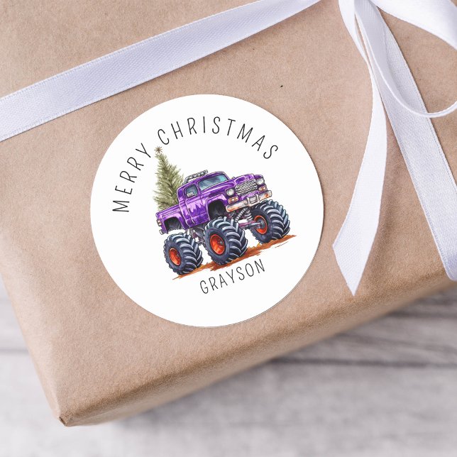 Personalisiertes Lila Monster Truck Weihnachtsgesc Runder Aufkleber (Von Creator hochgeladen)