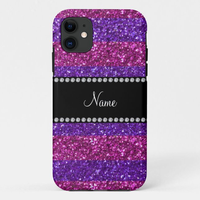 Personalisiertes lila Namensrosa stripes Glitter Case-Mate iPhone Hülle (Rückseite)