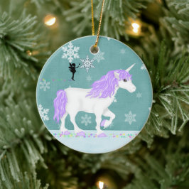 Personalisiertes Lila und weißes Einhorn und Fairy Keramik Ornament