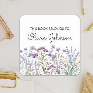 Personalisiertes lila Wildblumen-Blumen-Exlibris Quadratischer Aufkleber