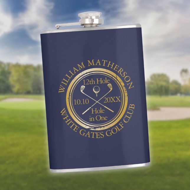 Personalisiertes Loch in einem Gold und Navy Blue  Flachmann (Personalized Hole in One Gold And Navy Blue Golf Flask)