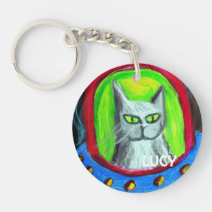 PERSONALISIERTES LUSTIGES KATZE-IN-UFO-CARTOON SCHLÜSSELANHÄNGER