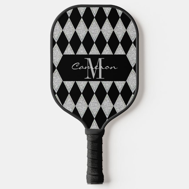 Personalisiertes Luxus Schwarz und Diamanten Muste Pickleball Schläger (Vorderseite)