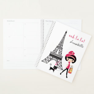 Personalisiertes Mädchen und Katze Paris Eiffeltur Planer