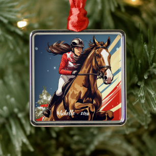 Personalisiertes Mädchen und Pferde Jumping Weihna Ornament Aus Metall