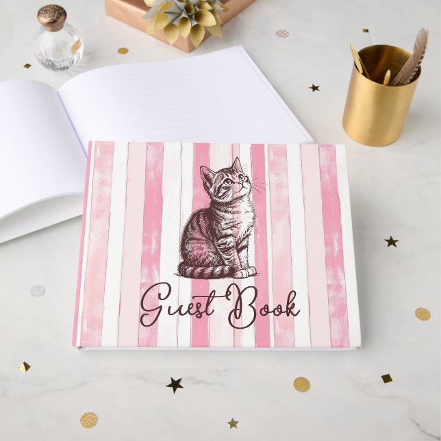 Personalisiertes Mädchen Vintage Rosa Kätzchen Geb Gästebuch (Personalize Girl Vintage Pink Kitten Birthday Guest Book)