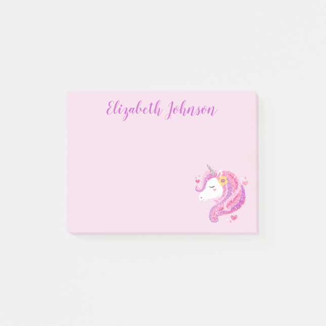 Personalisiertes magisches rosa Glitter-Einhorn-Ge Post-it Klebezettel (Vorderseite)