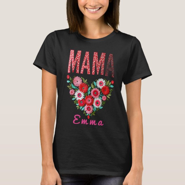 Personalisiertes Mama-Herz-Blumen-Geschenk T-Shirt (Vorderseite)