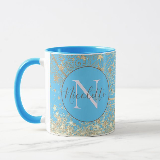 Personalisiertes Mandala mit Goldstars Monogram Tasse (Links)