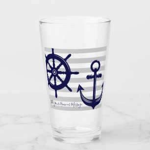 Personalisiertes Marineblaues Anker-Schiffsrad-Nau Glas