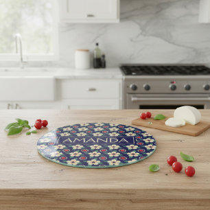 Personalisiertes Marineblaues Floral Schneidebrett