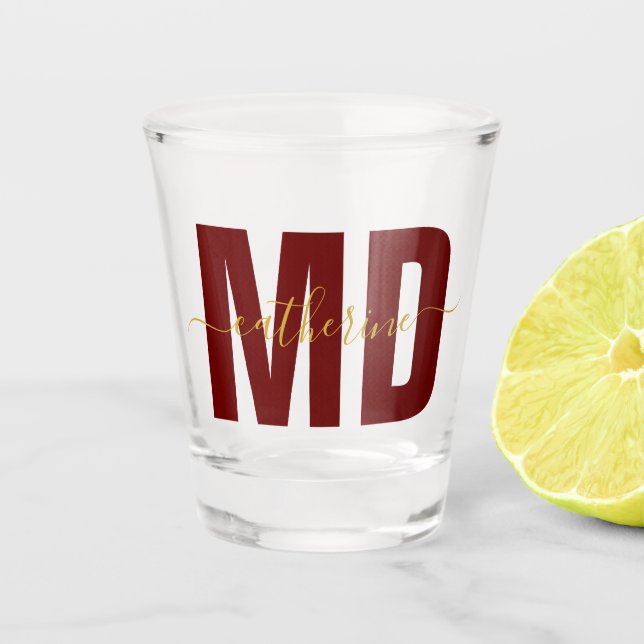 Personalisiertes MD Doctor Maroon & Gold Shot Glas (Vorderseite)