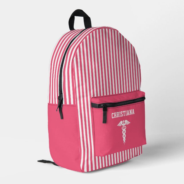 Personalisiertes medizinisches Symbol rosa Streife Bedruckter Rucksack (Rückseitige Ecke links)