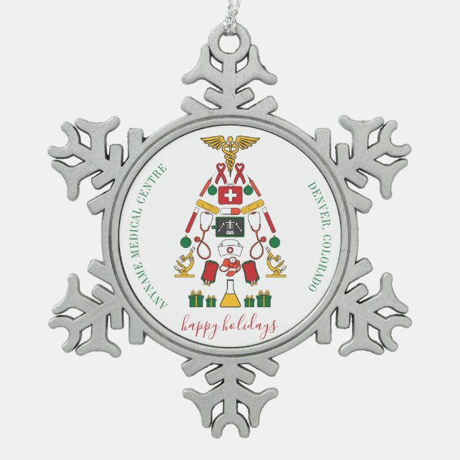Personalisiertes Medizinzentrum Schneeflocken Zinn-Ornament (Vorderseite)