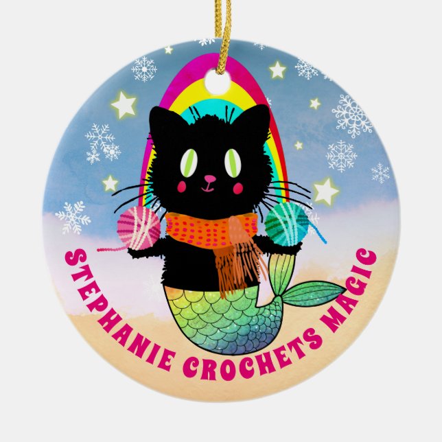 Personalisiertes Meerjunggarn aus Katzenmagen Keramik Ornament (Vorne)