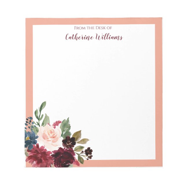Personalisiertes Merlot-Navy-Floral-Nudeln Notepad Notizblock (Vorderseite)
