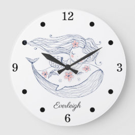 Personalisiertes Mermaid-Whale-Girl-Kinderzimmer Große Wanduhr