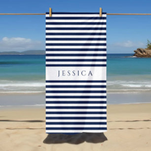 Personalisiertes, modernes, blaues Streifenmuster Strandtuch