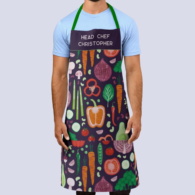Personalisiertes modernes Gemüsemuster für den Che Schürze (Personalized head chef custom name vegetable pattern apron for a cook or grill master dad)