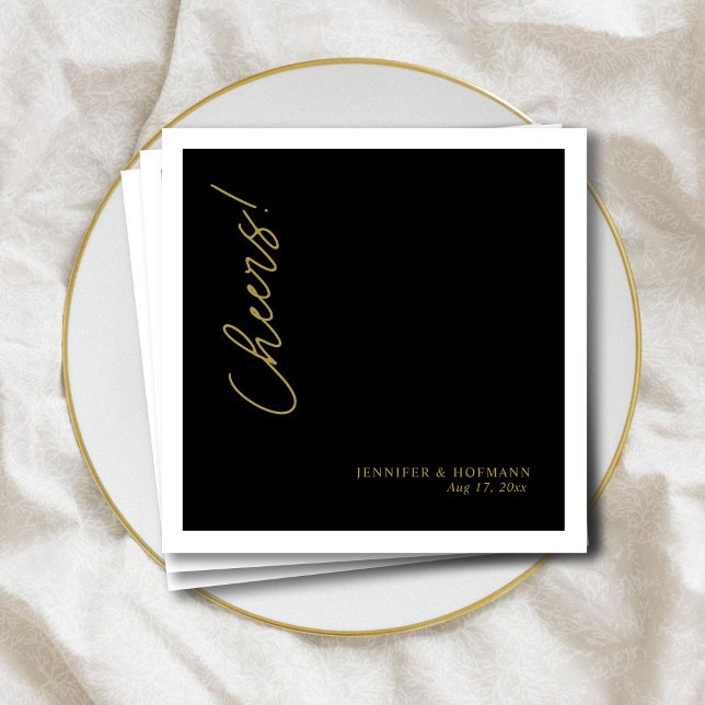 Personalisiertes modernes Gold "Cheers"! Schwarze  Serviette (Personalized Modern Gold _Cheers!_ Black Wedding  Napkins)