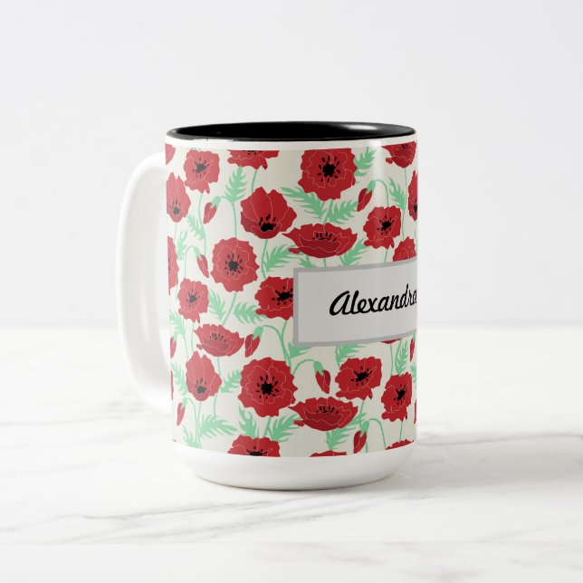Personalisiertes Mohndesign Zweifarbige Tasse (Vorderseite Links)