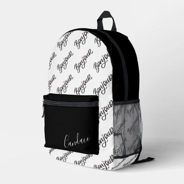 Personalisiertes monochrome "Bonjour"-Rucksack Bedruckter Rucksack (Rückseitige Ecke Rechts)