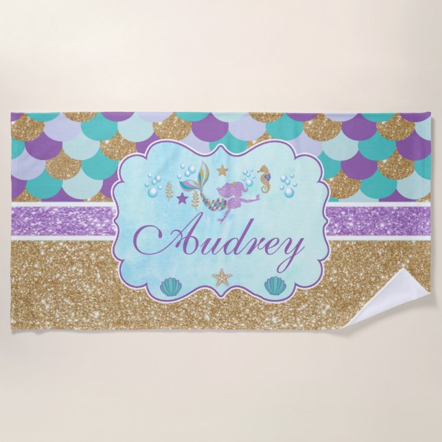 Personalisiertes Monogram Mermaid Strandtuch (Vorderseite)
