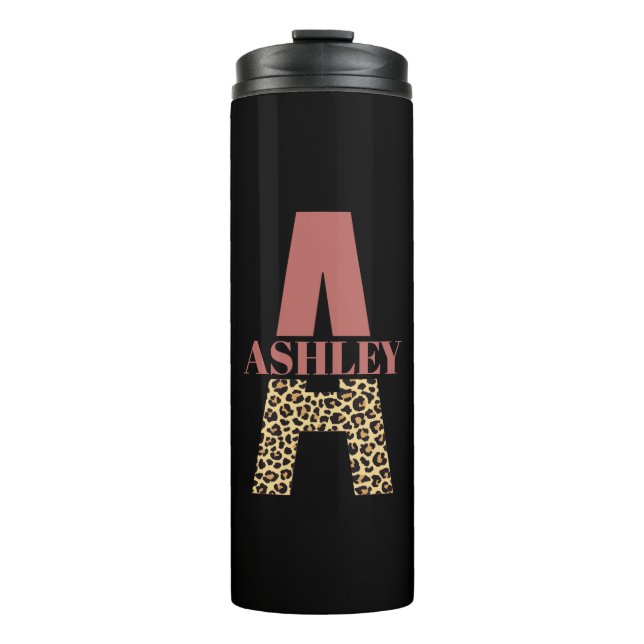Personalisiertes Monogramm A Pink Leopard Thermosbecher (Vorderseite)