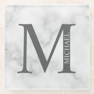 Personalisiertes Monogramm aus weißem Marmor und N Glasuntersetzer