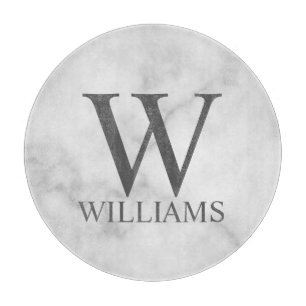 Personalisiertes Monogramm aus weißem Marmor und  Schneidebrett