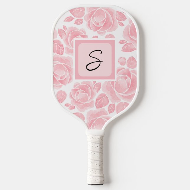 Personalisiertes Monogramm florale Rose Rosa Pickleball Schläger (Vorderseite)
