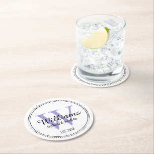 Personalisiertes Monogramm Frischvermählte Lavende Runder Pappuntersetzer