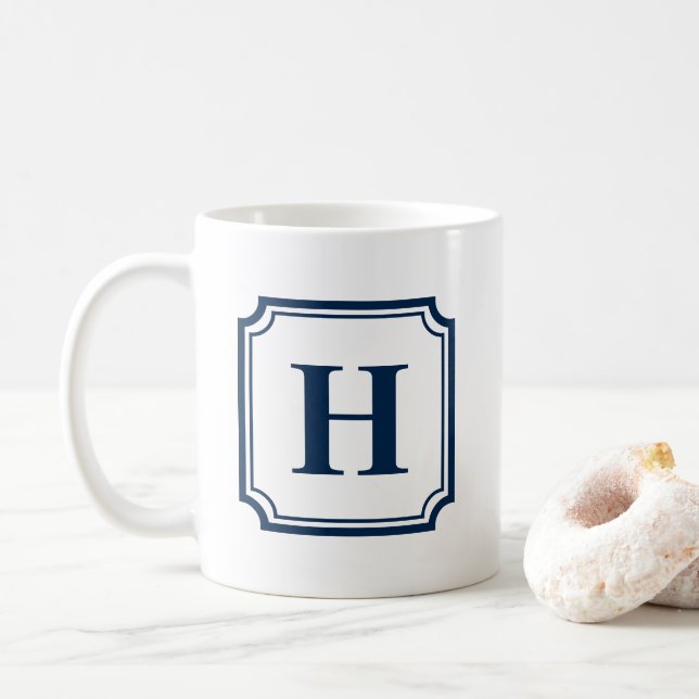 Personalisiertes Monogramm für die blaue Grenze Kaffeetasse (Mit Donut)