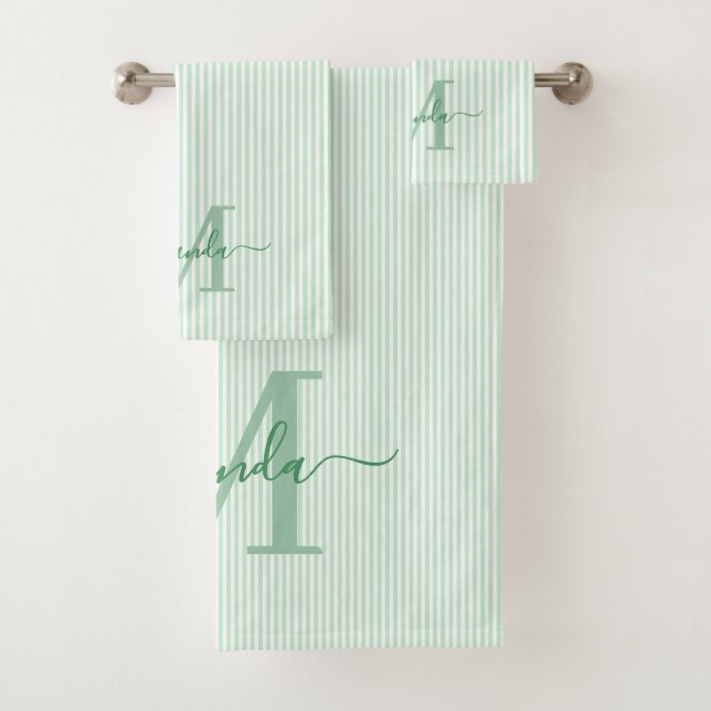 Personalisiertes Monogramm Grün-Weiß-Gestreift Badhandtuch Set (Insitu)