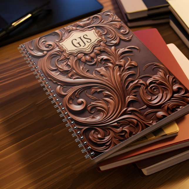 Personalisiertes Monogramm Imitat Leather Notizblock (Faux brown leather notebook with monogramme lies on a desk with other books)