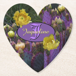 Personalisiertes Monogramm Lila Kaktus Gelbe Blume Untersetzer