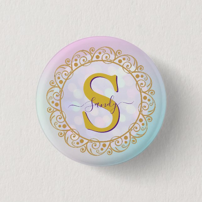 Personalisiertes Monogramm Mandala Gold und Blau Button (Vorderseite)
