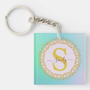Personalisiertes Monogramm Mandala Gold und Blau Schlüsselanhänger