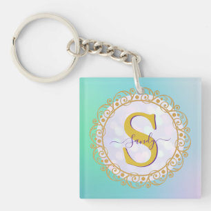 Personalisiertes Monogramm Mandala Gold und Blau Schlüsselanhänger